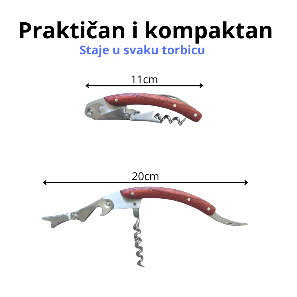 Kompaktan džentlmenski sommelier otvarač, 11cm sklopljen, 20cm otvoren
