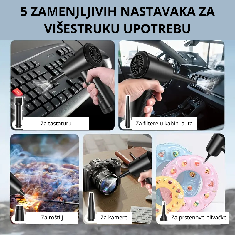 Duvač koristi različite nastavke za više namena (auto, kamera, roštilj, igračke)