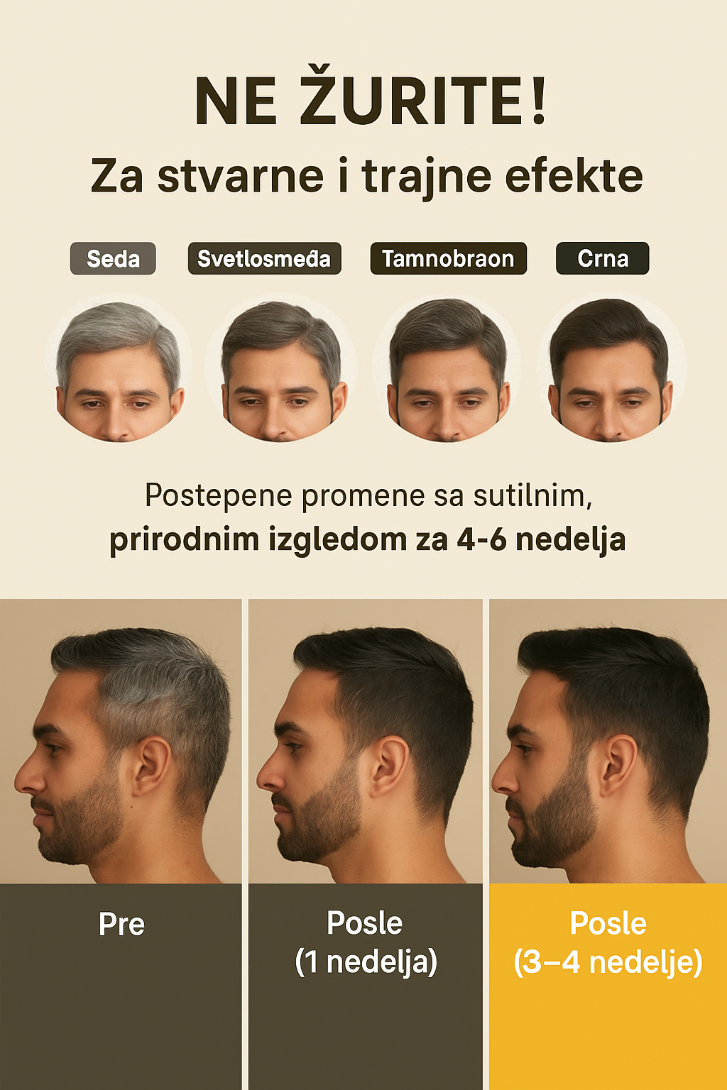 Postepena promena boje kose iz sede u crnu tokom 4–6 nedelja