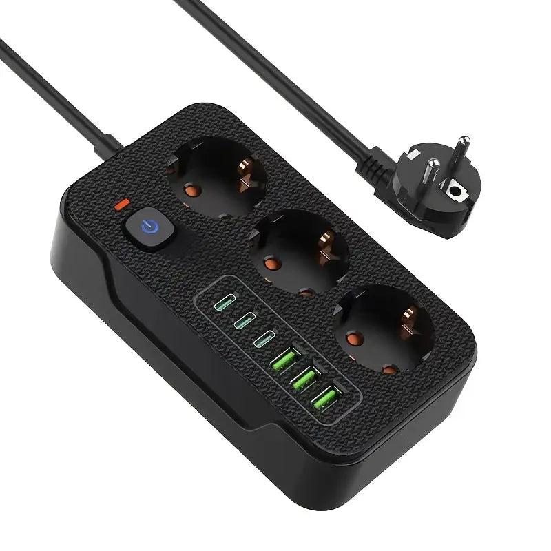 Crna 9-u-1 utičnica sa USB i USB-C portovima – gornji ugao