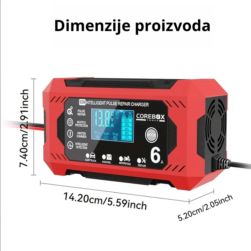 Dimenzije pametnog punjača za akumulatore – 14.2 x 7.4 x 5.2 cm
