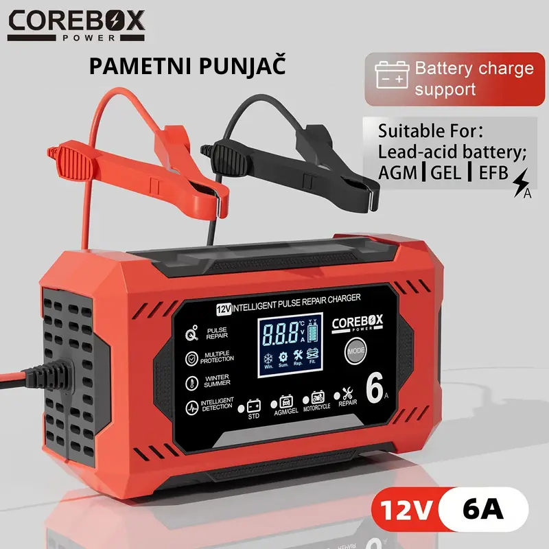 Pametni punjač za auto baterije sa štipaljkama – COREBOX 12V 6A
