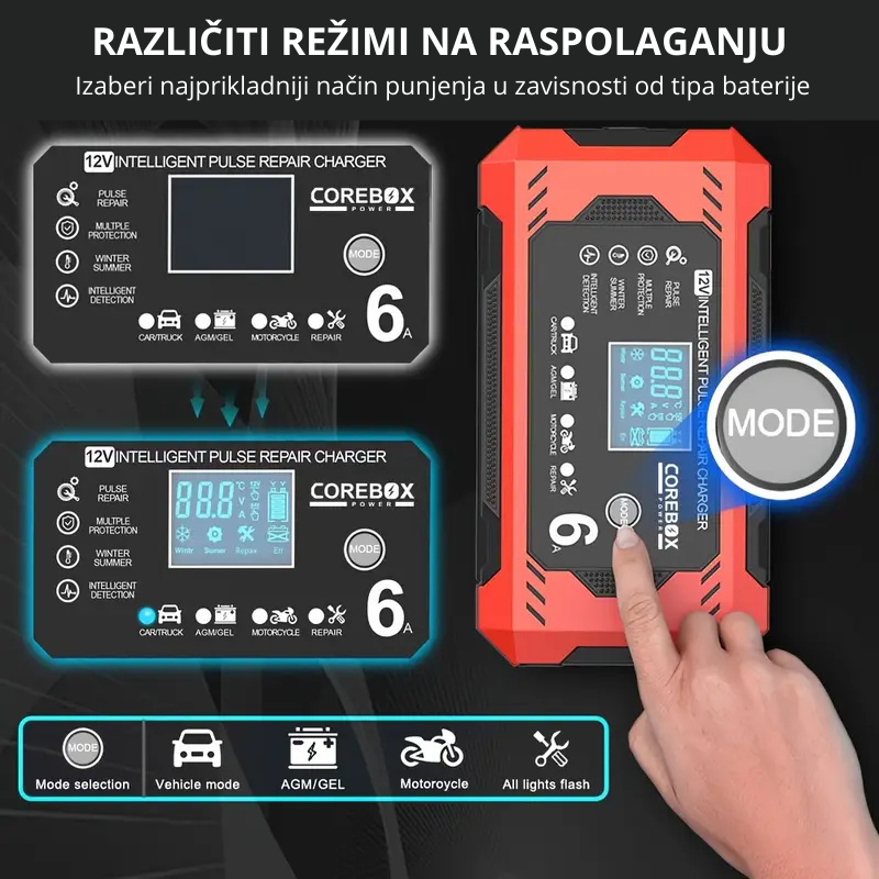 Režimi punjenja prikazani na ekranu – izbor u zavisnosti od baterije