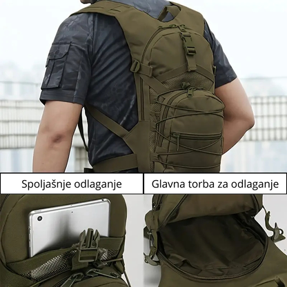 Prikaz kopče, trake, ručke i rajsferšlusa na taktičkom rancu za lov i ribolov