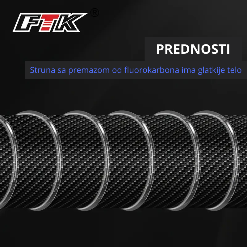 FTK struna sa premazom od fluorokarbona prikazana na karbon pozadini – istaknuta glatka površina i otpornost.